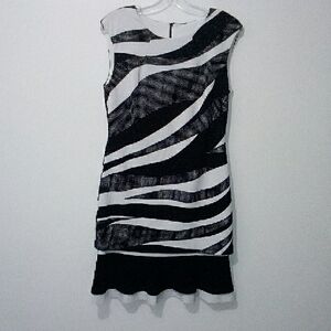 Frank Lyman Black and White Striped Polkadot Ruffled Midi Dress